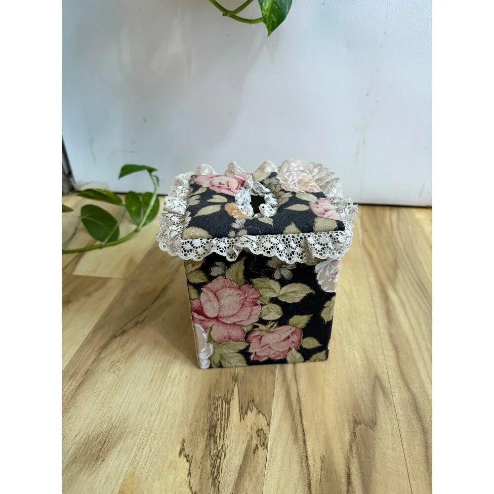 Floral Fabric Tissue Box Cover with Lace Trim